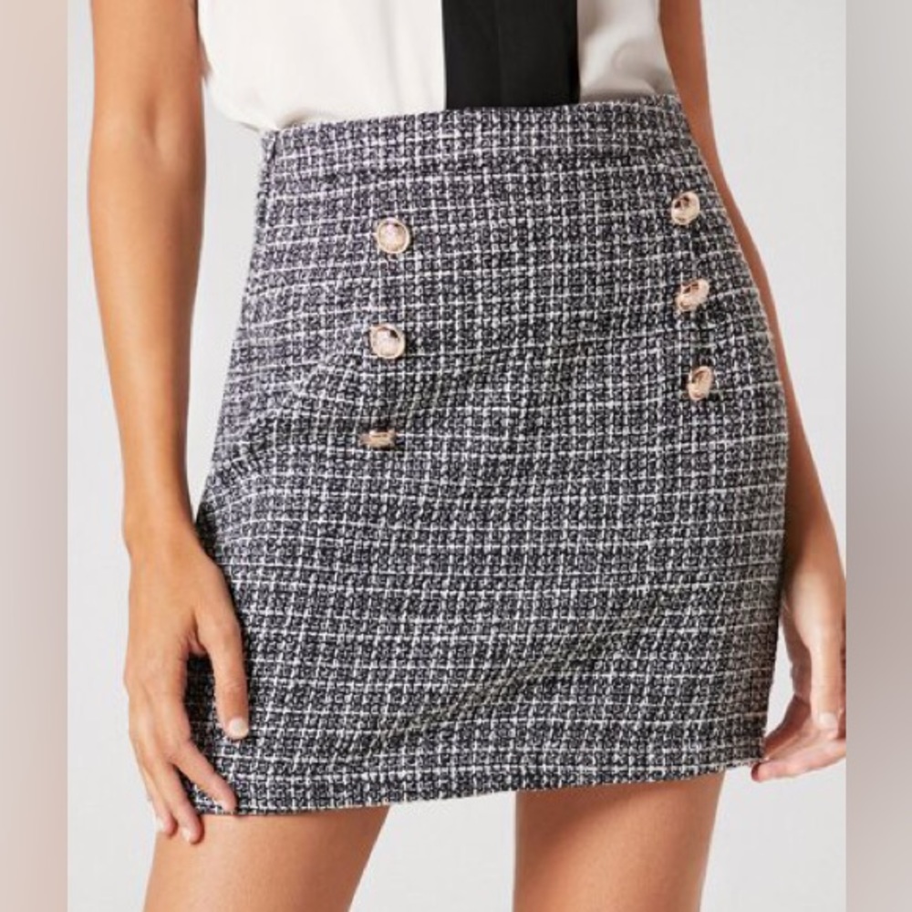 SHEIN Double Button Plaid Tweed Skirt